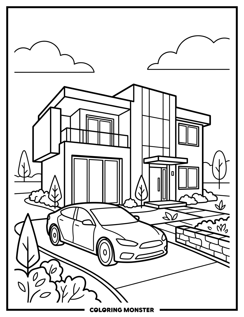 Modern House and Car Coloring Page