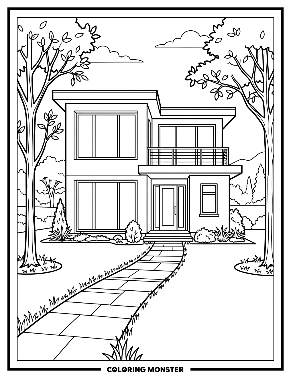 Modern House with Large Windows Coloring Page