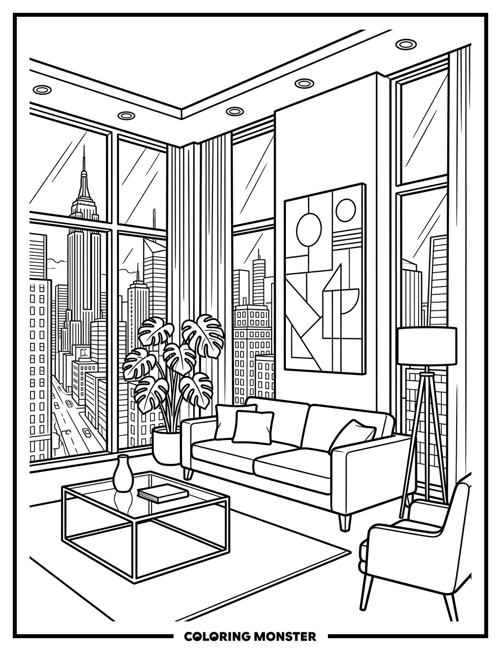 Modern Living Room With City View Coloring Page