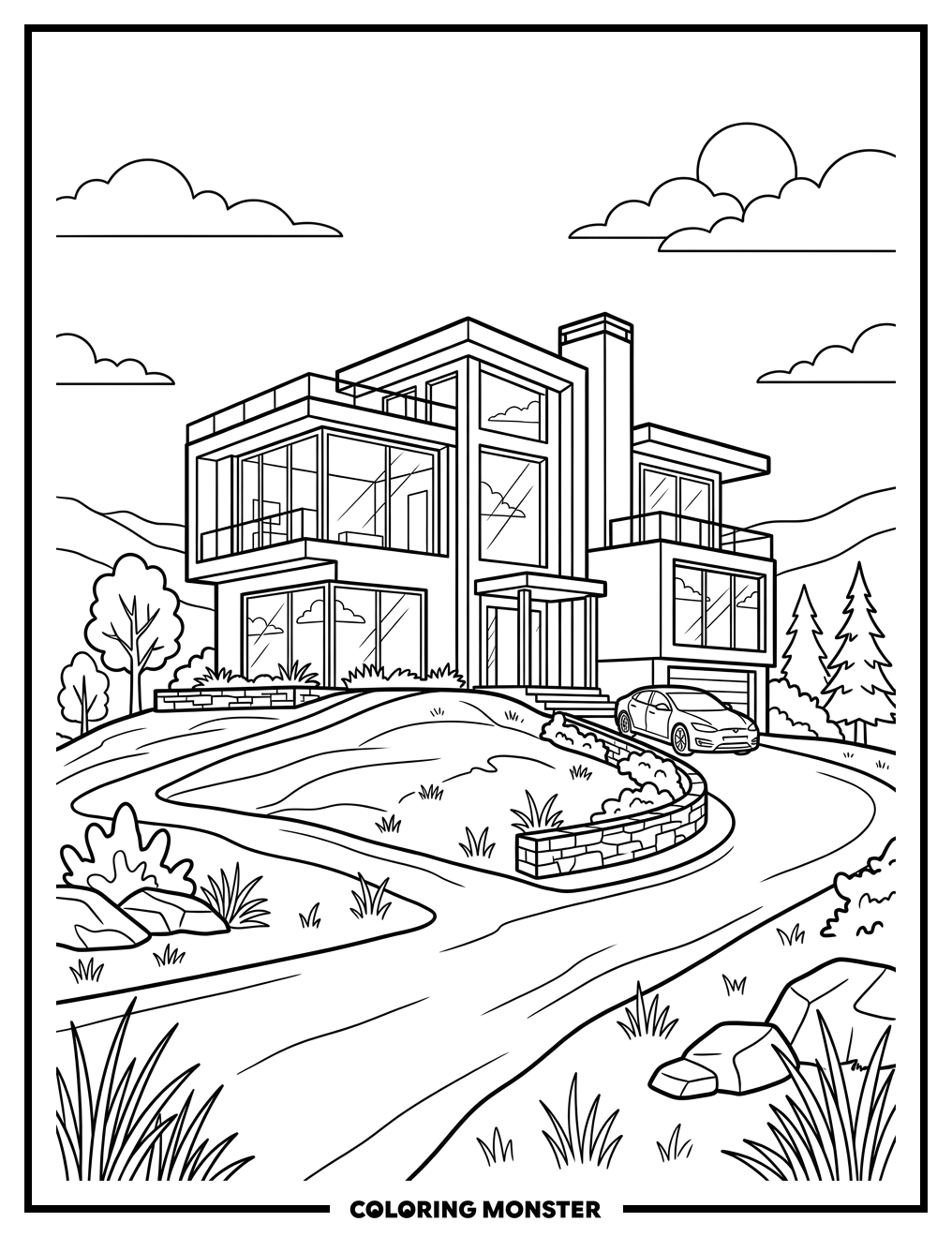 Modern Mansion on a Hill Coloring Page