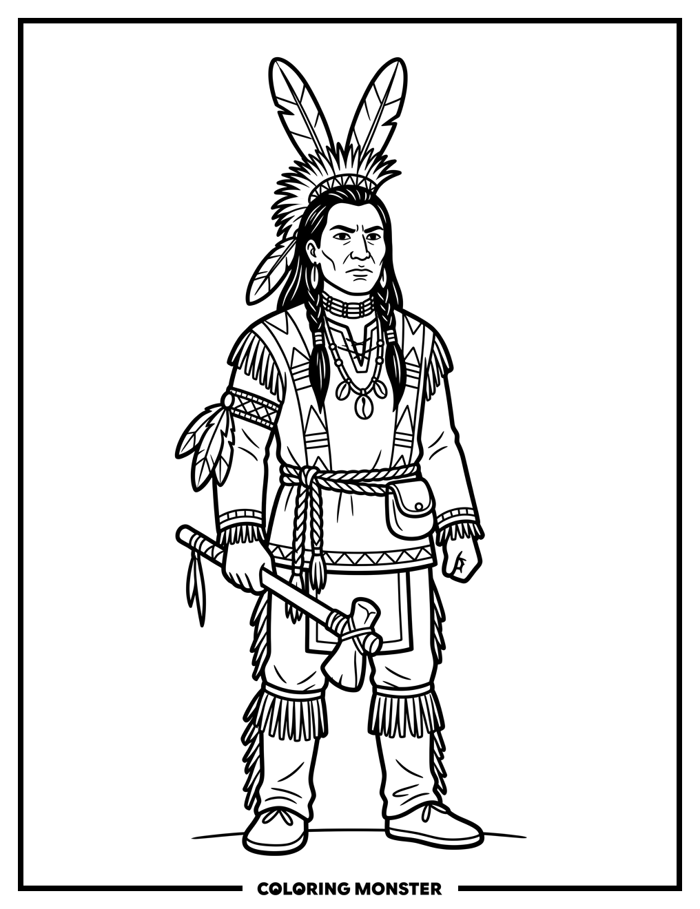 Mohawk Warrior with Feather Headdress Coloring Page