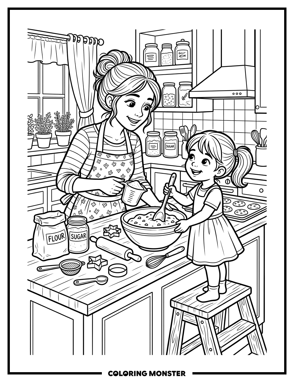 Mom and Daughter Baking Cookies Coloring Page