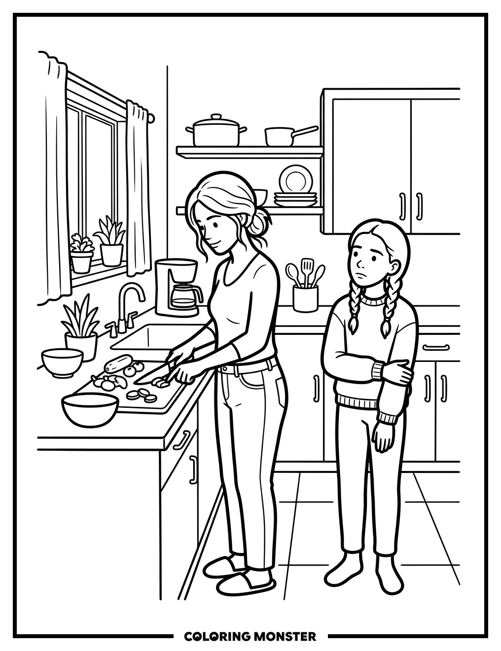 Mom and Daughter in the Kitchen Coloring Page