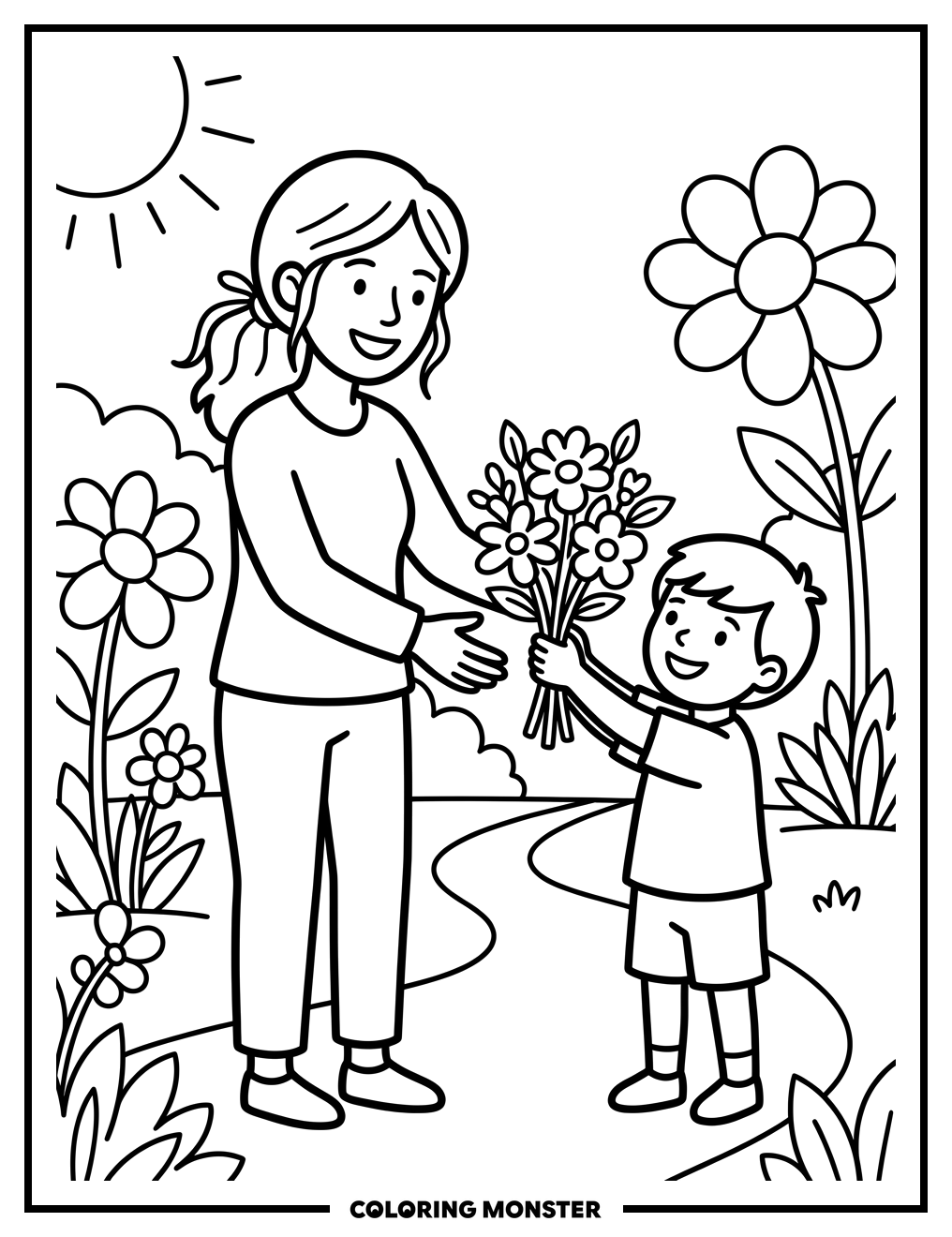 Mom Receives Flowers From Child Coloring Page