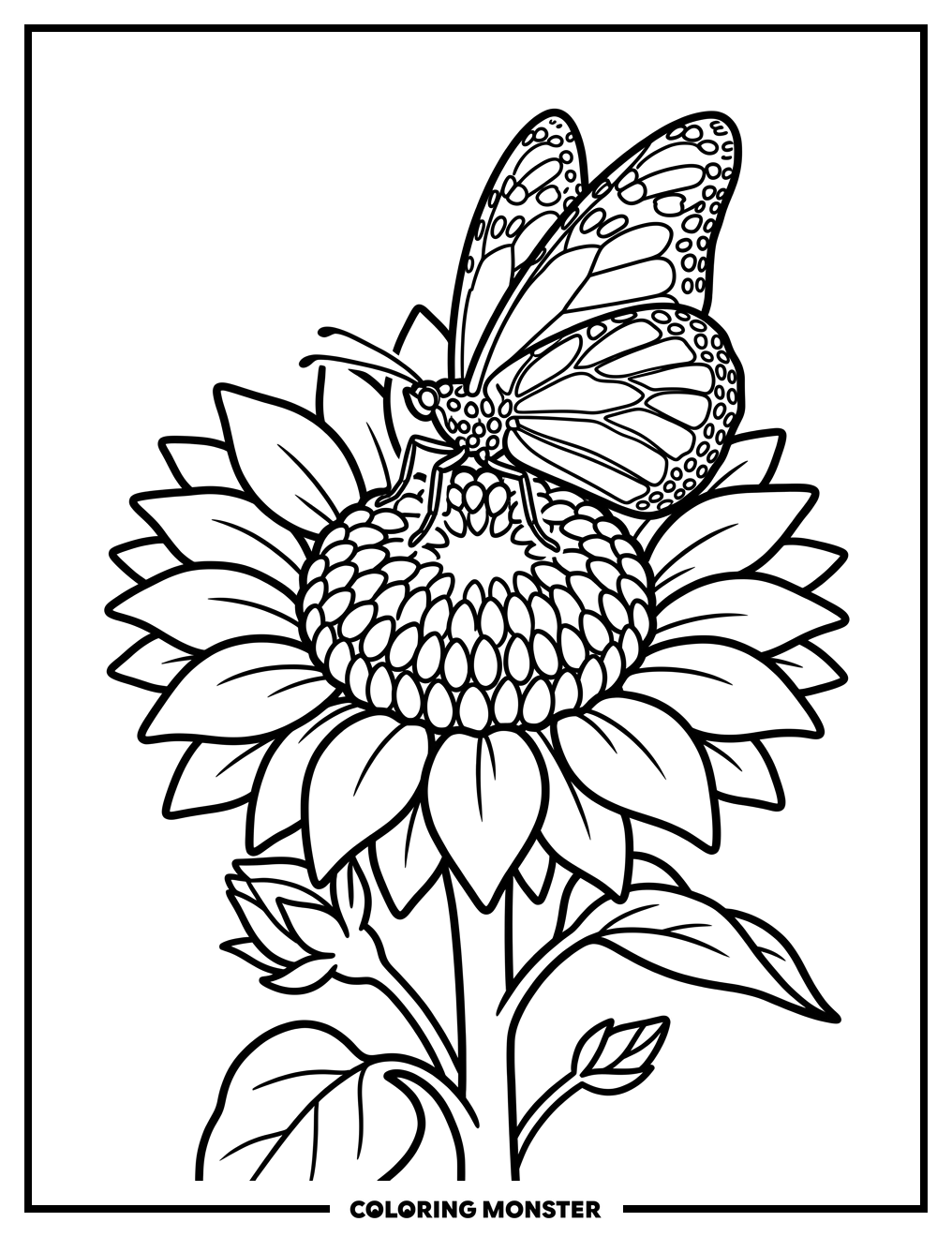 Monarch Butterfly on Sunflower Coloring Page