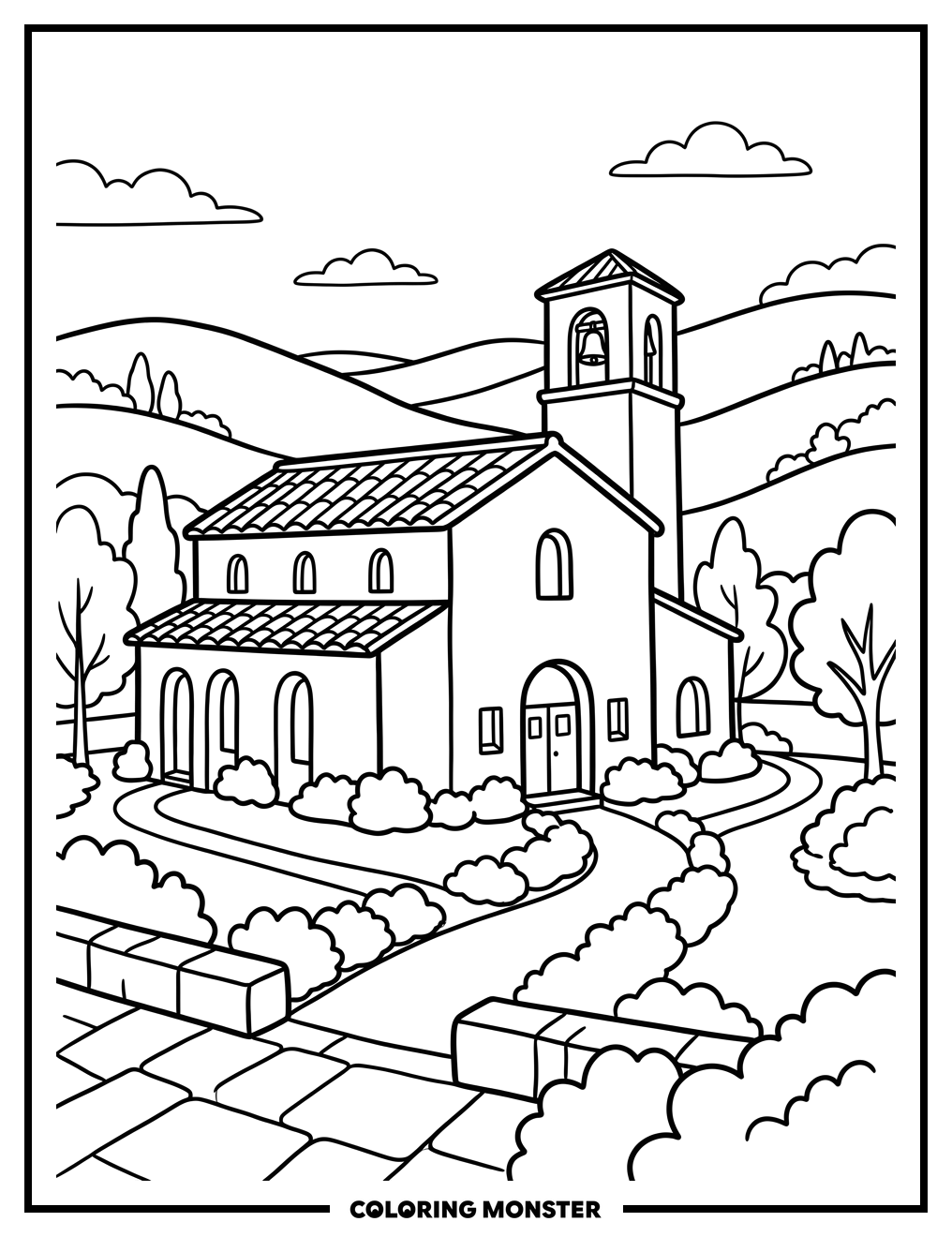 Monastery Courtyard Scene Coloring Page
