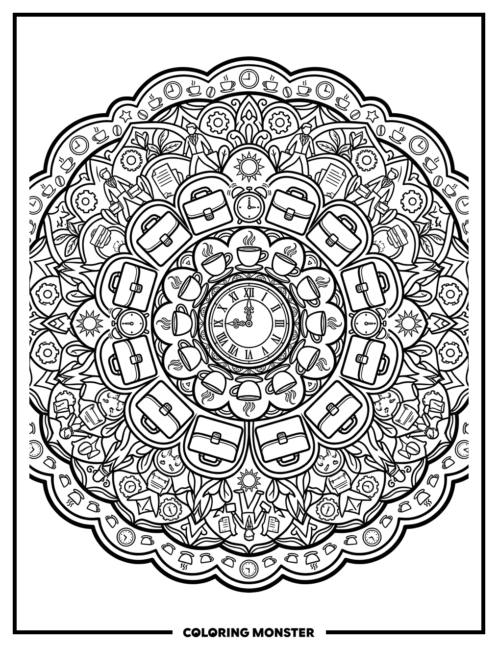 Monday Mandala With Office Elements Coloring Page