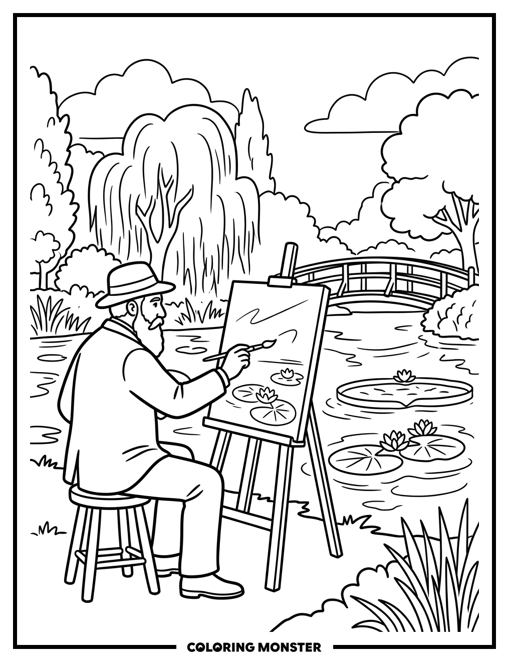 Monet Painting Water Lilies Coloring Page