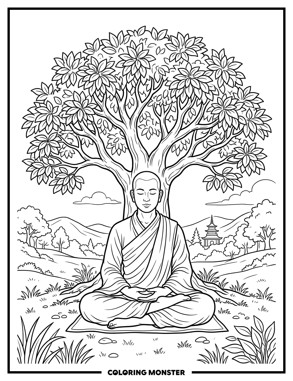 Monk Meditating Under Tree Coloring Page