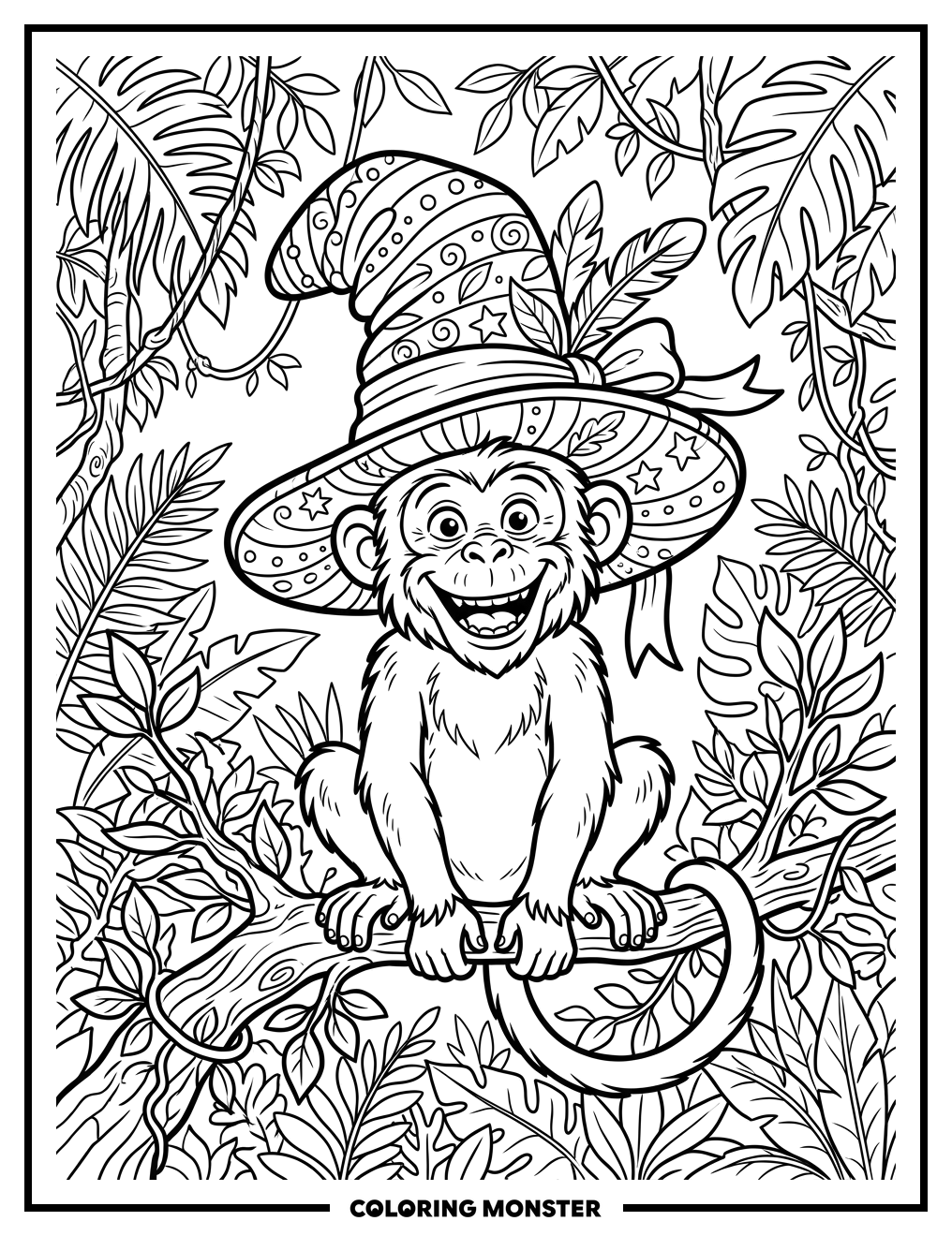 Monkey In A Big Colorful Hat Coloring Page