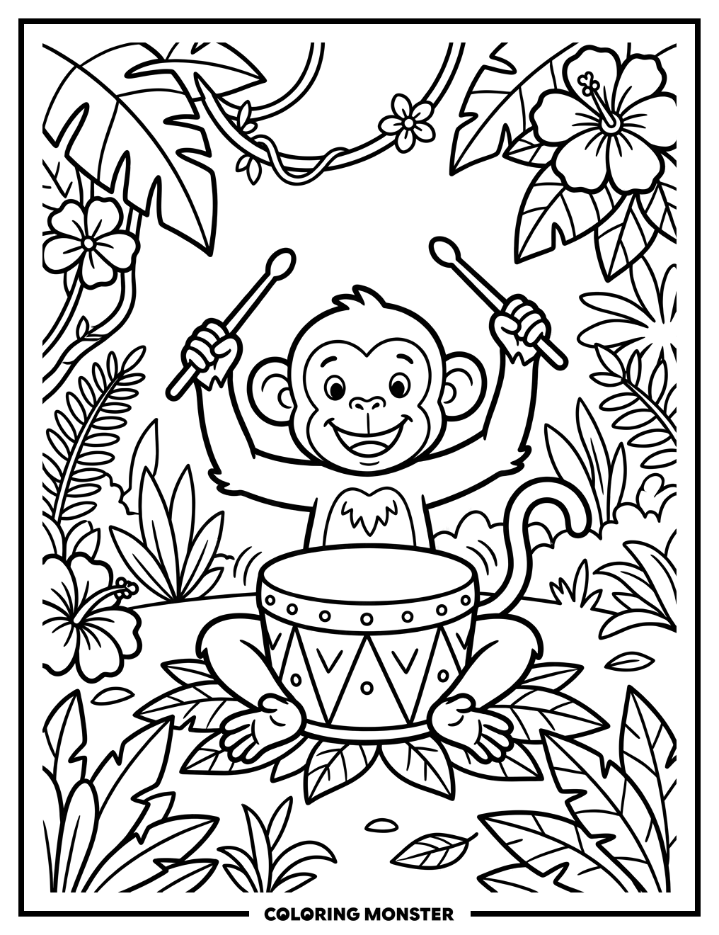 Monkey Playing Drum in Jungle Coloring Page