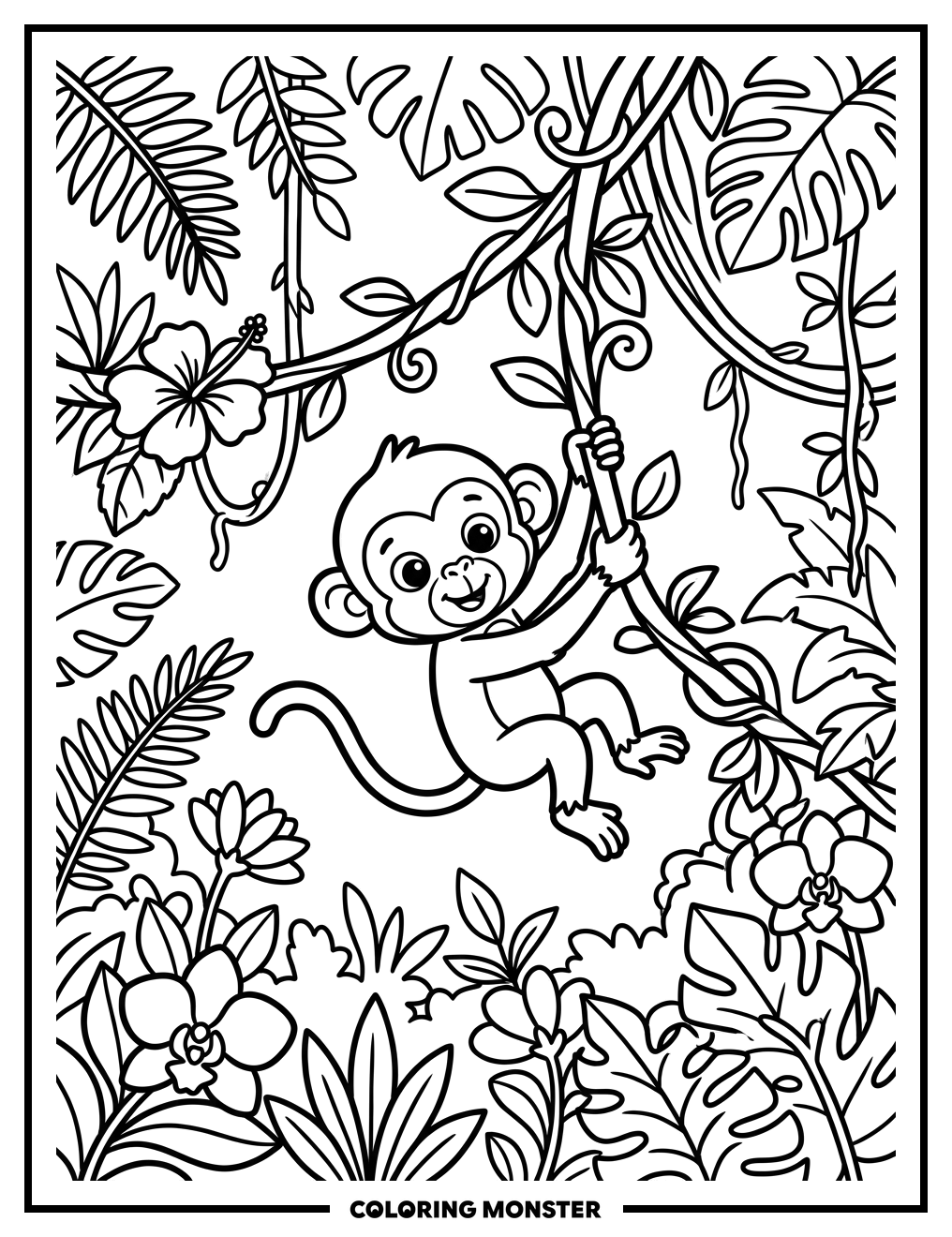 Monkey Swinging on a Vine Coloring Page