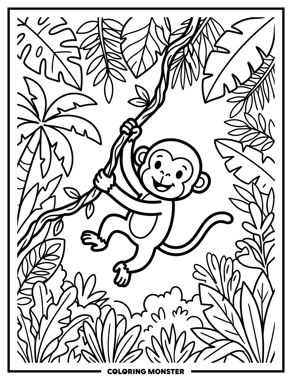 Monkey Swinging Through the Jungle Coloring Page