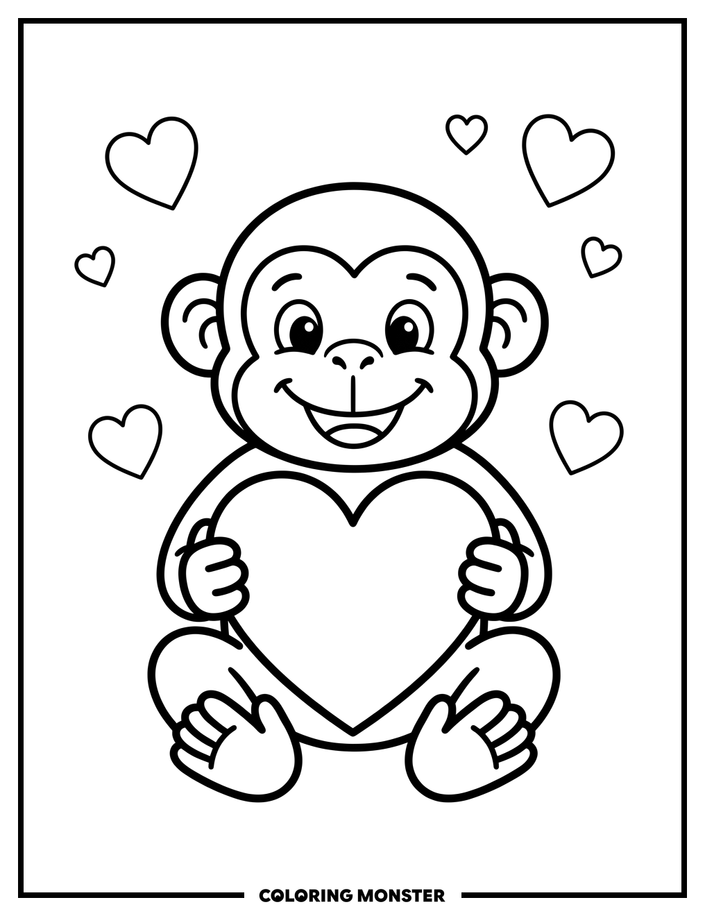 Monkey With Valentine Heart Coloring Page