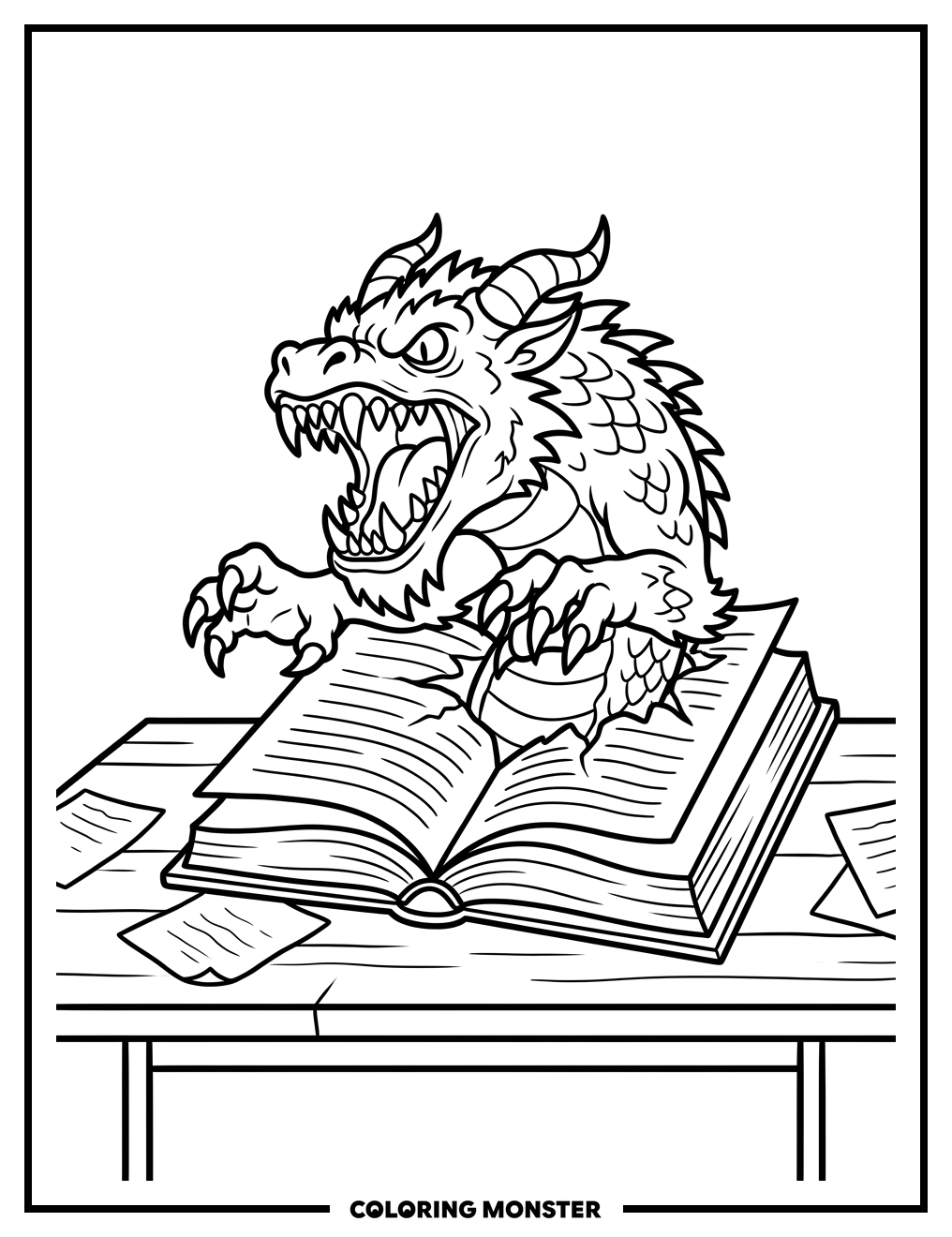 Monster Emerging From Open Book Coloring Page
