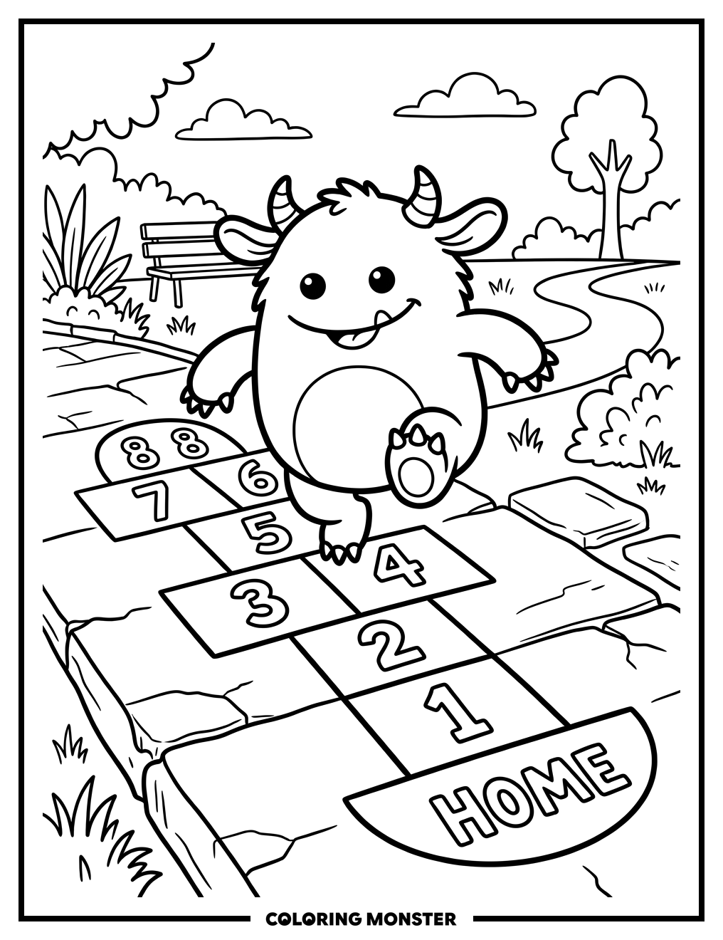 Monster Hopping Through Hopscotch Coloring Page