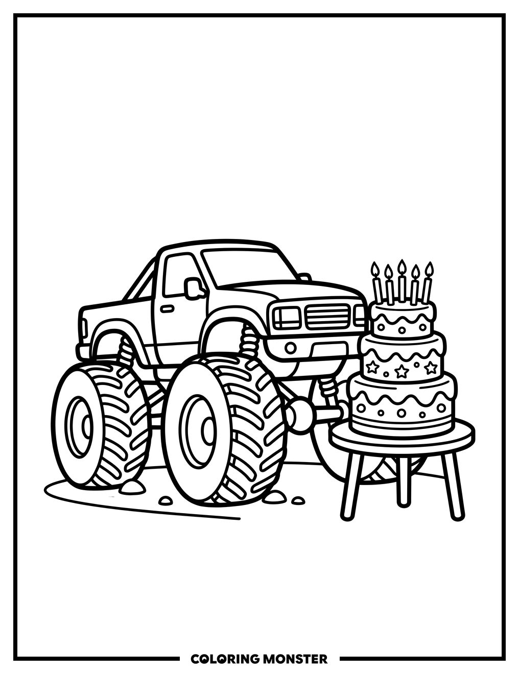 Monster Truck and Birthday Cake Coloring Page