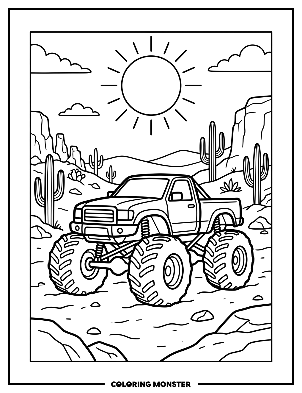 Monster Truck in Desert Landscape Coloring Page