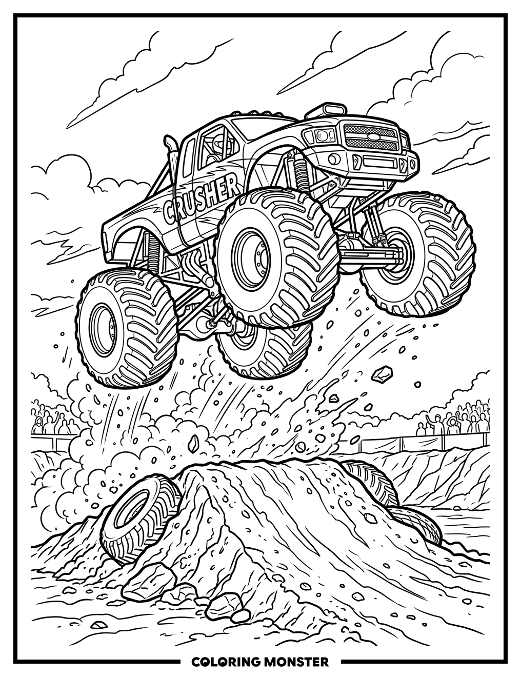 Monster Truck Jump Over Dirt Ramp Coloring Page