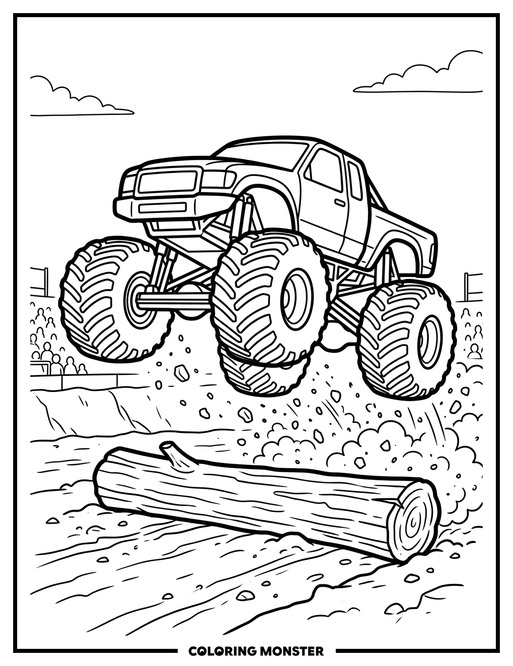 Monster Truck Jumping Over Log Coloring Page
