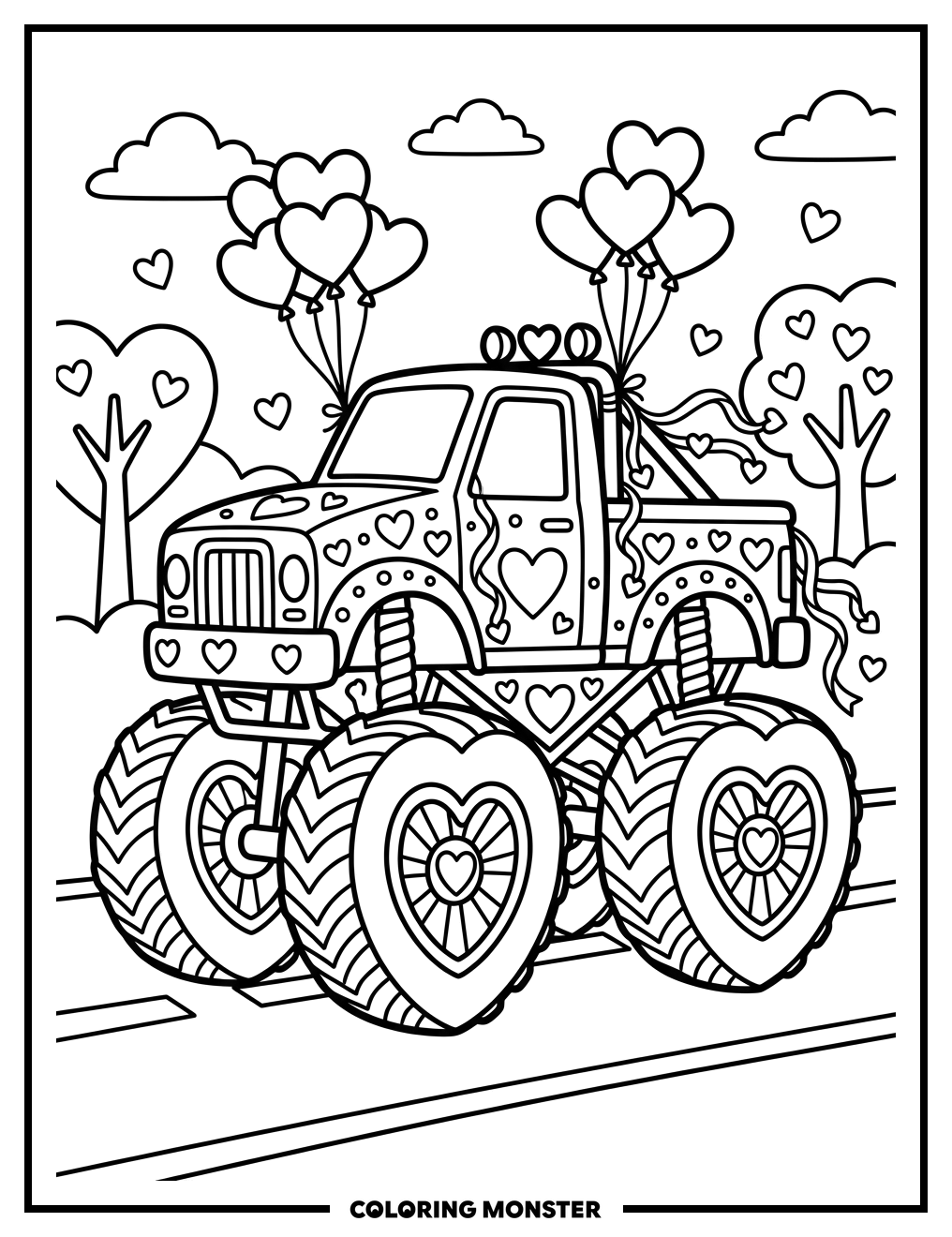 Monster Truck with Heart Wheels Coloring Page