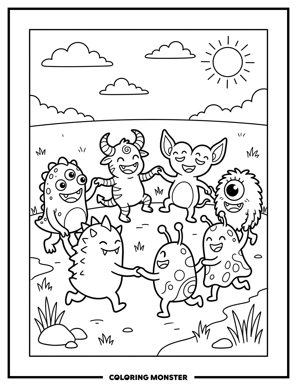 Monsters Dancing In A Field Coloring Page