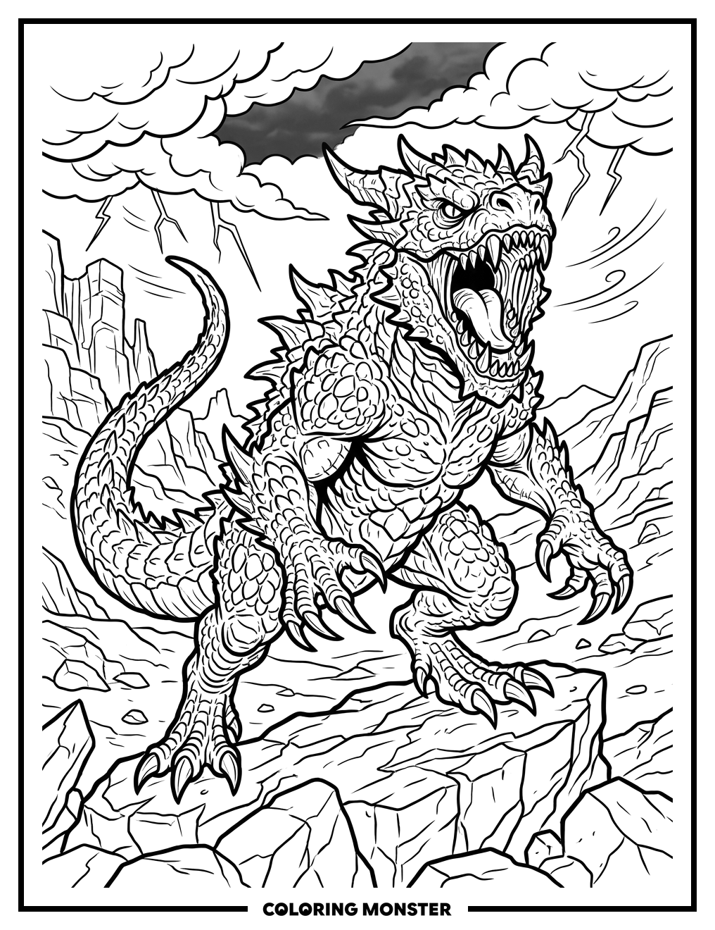 Monstrous Creature Roaring in Rocky Landscape Coloring Page