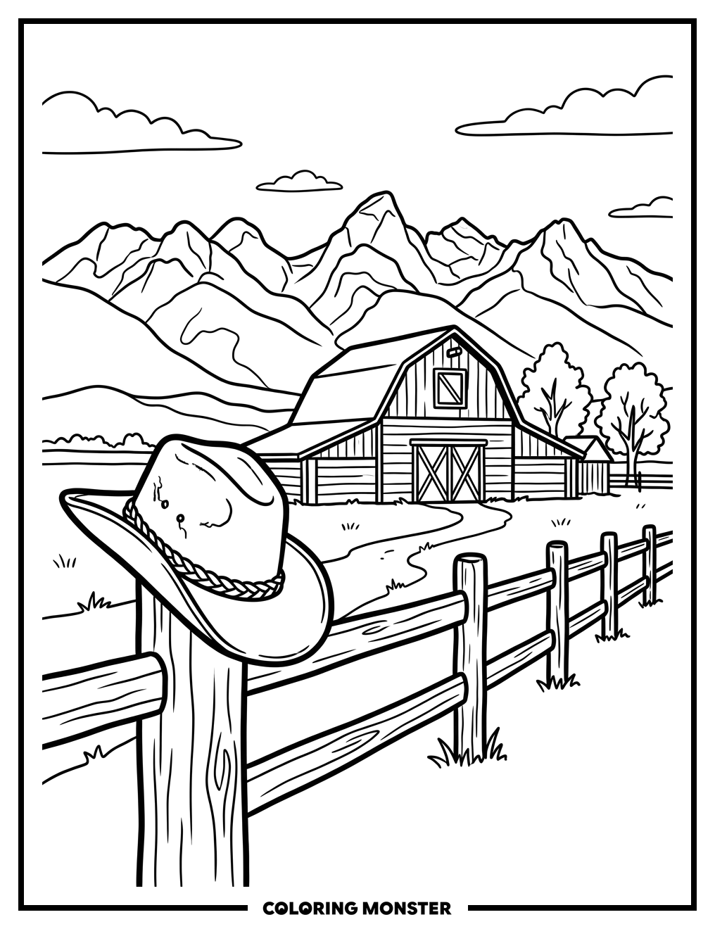 Montana Ranch Scene With Cowboy Hat Coloring Page