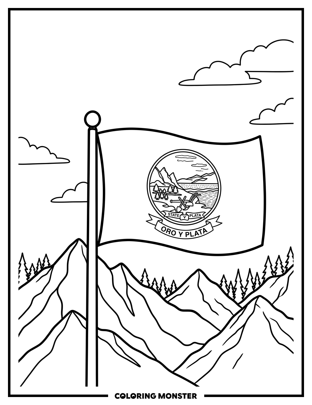 Montana State Flag and Rocky Mountains Coloring Page
