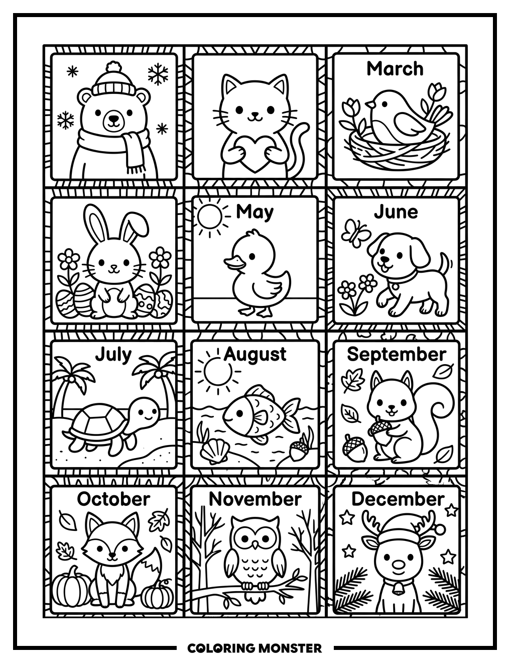 Monthly Animals Calendar Grid Coloring Page