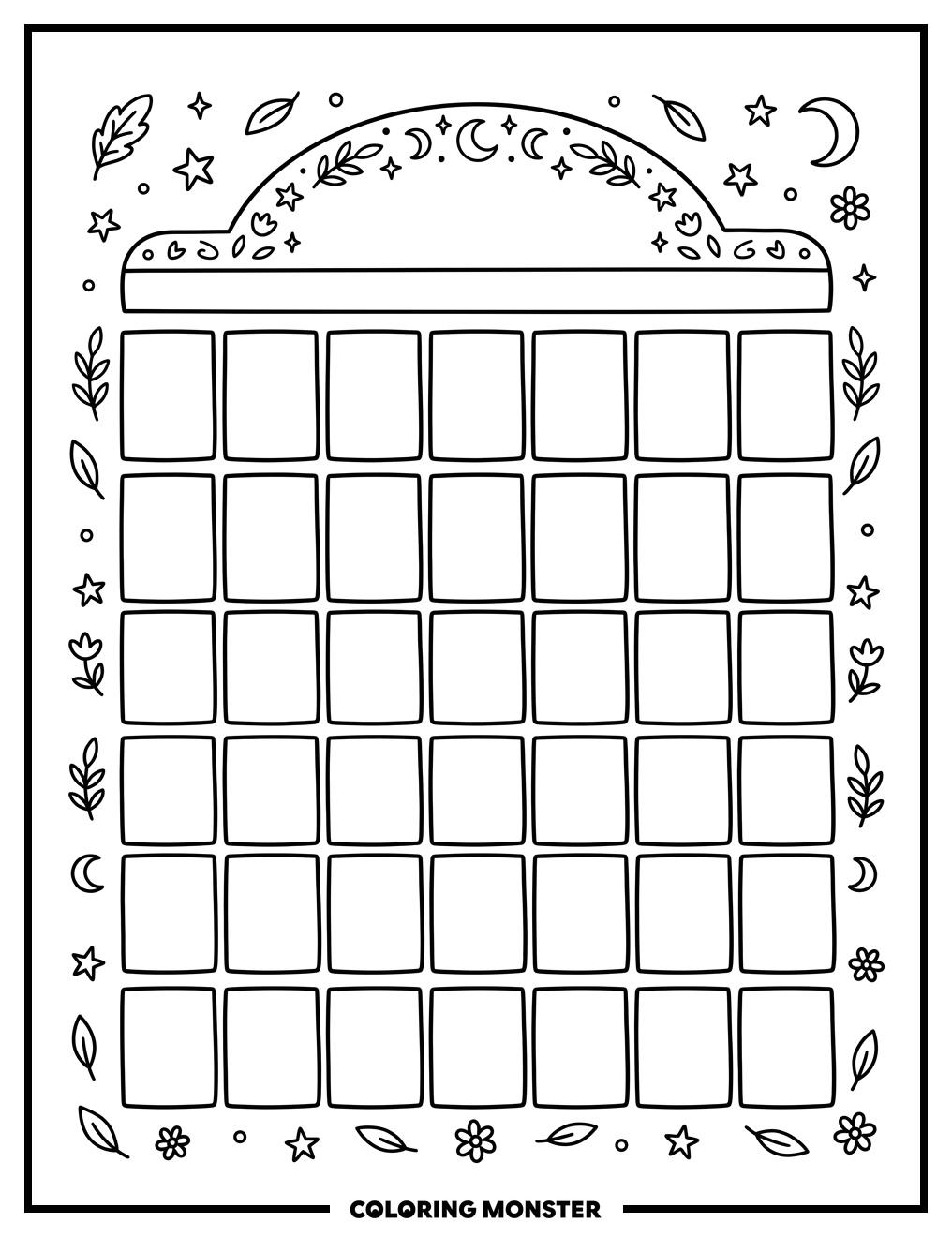 Monthly Calendar Grid Coloring Page