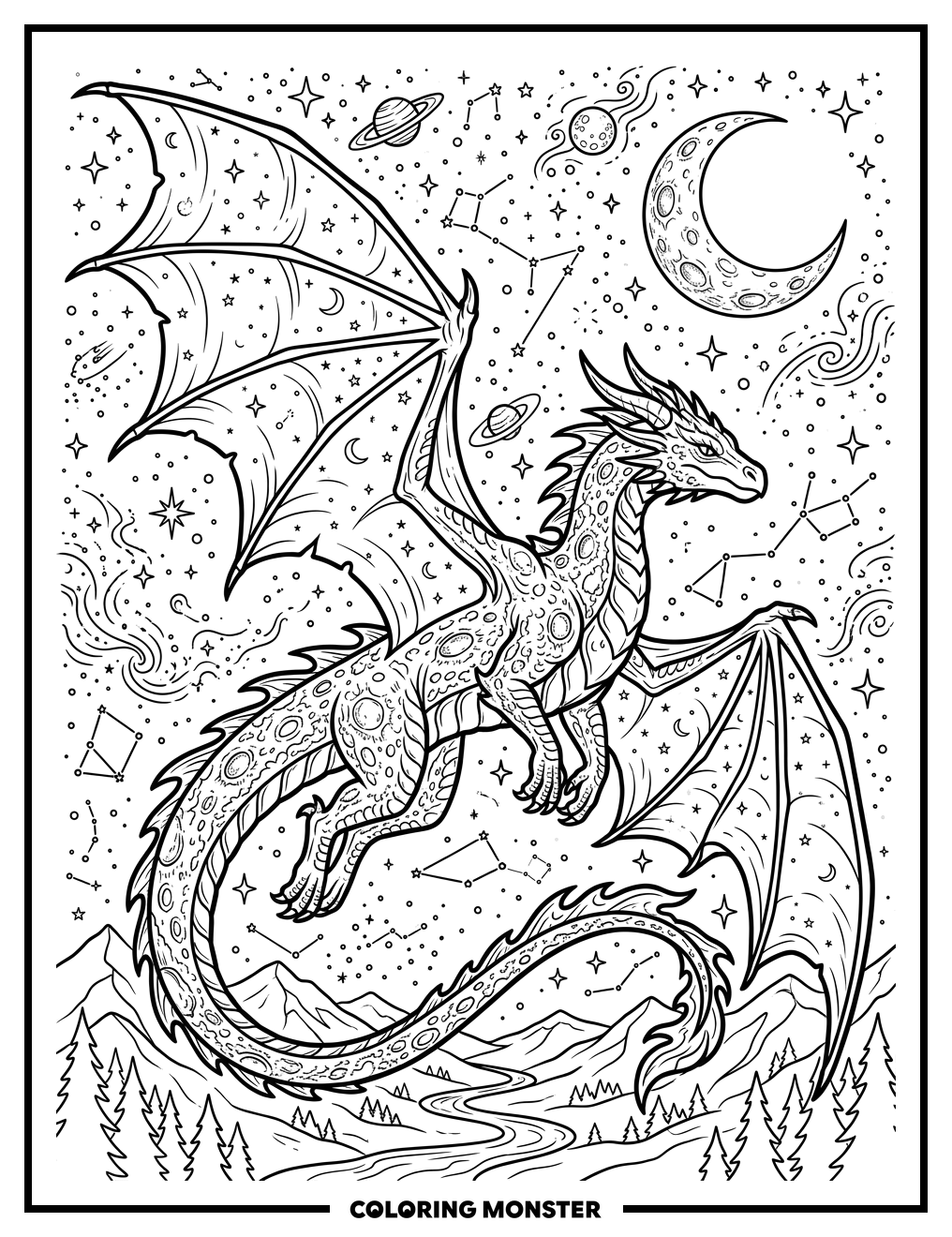 Moon Dragon In Starry Night Sky Coloring Page