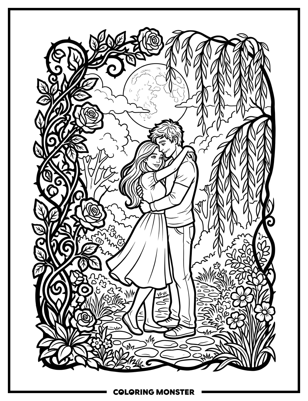 Moonlit Garden Embrace Coloring Page