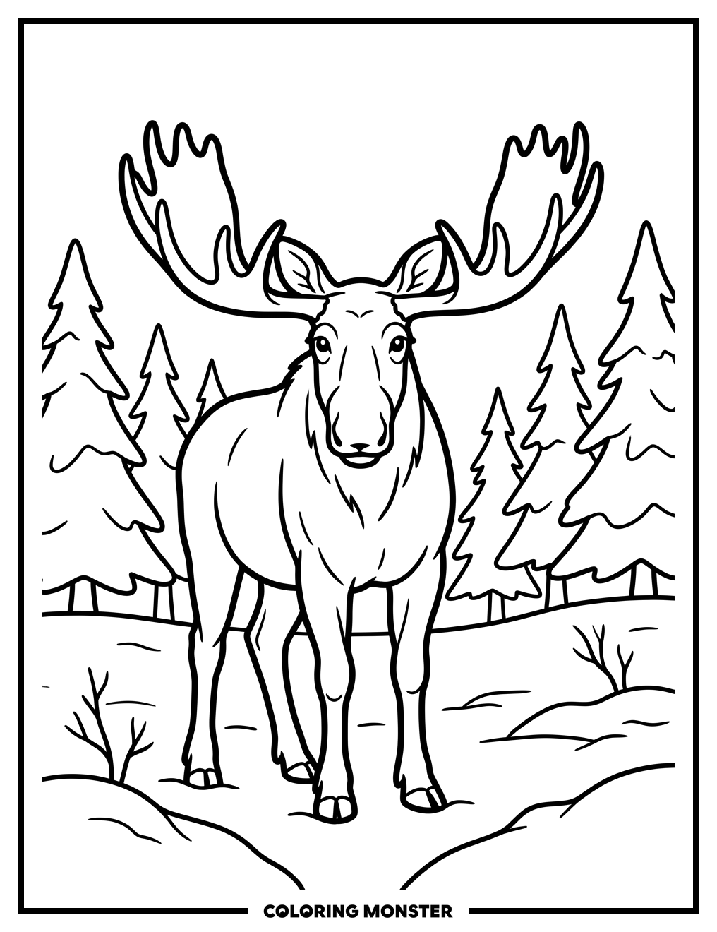Moose in Snowy Forest Coloring Page