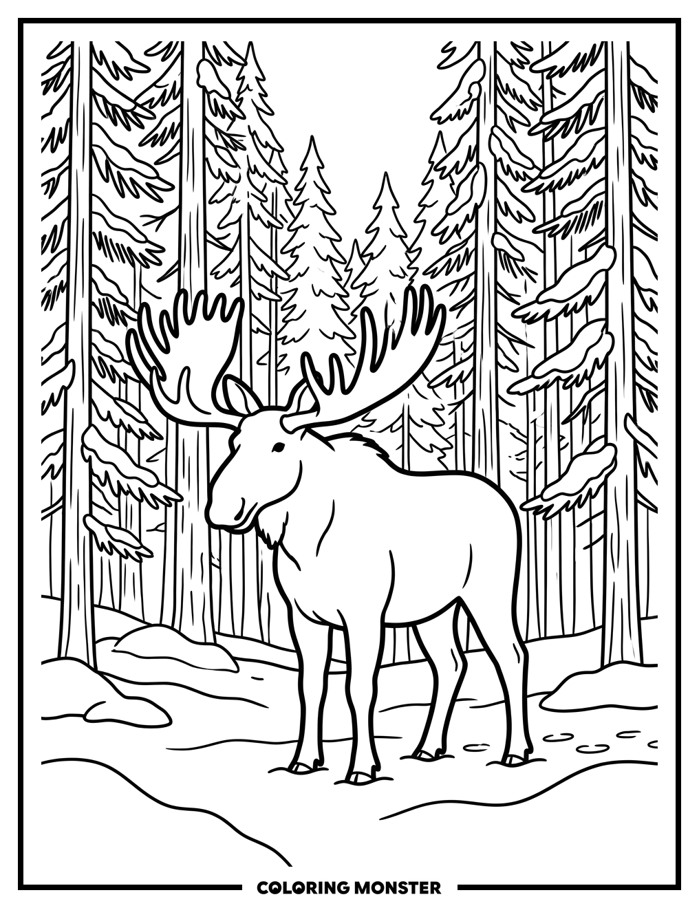 Moose in Snowy Forest Coloring Page