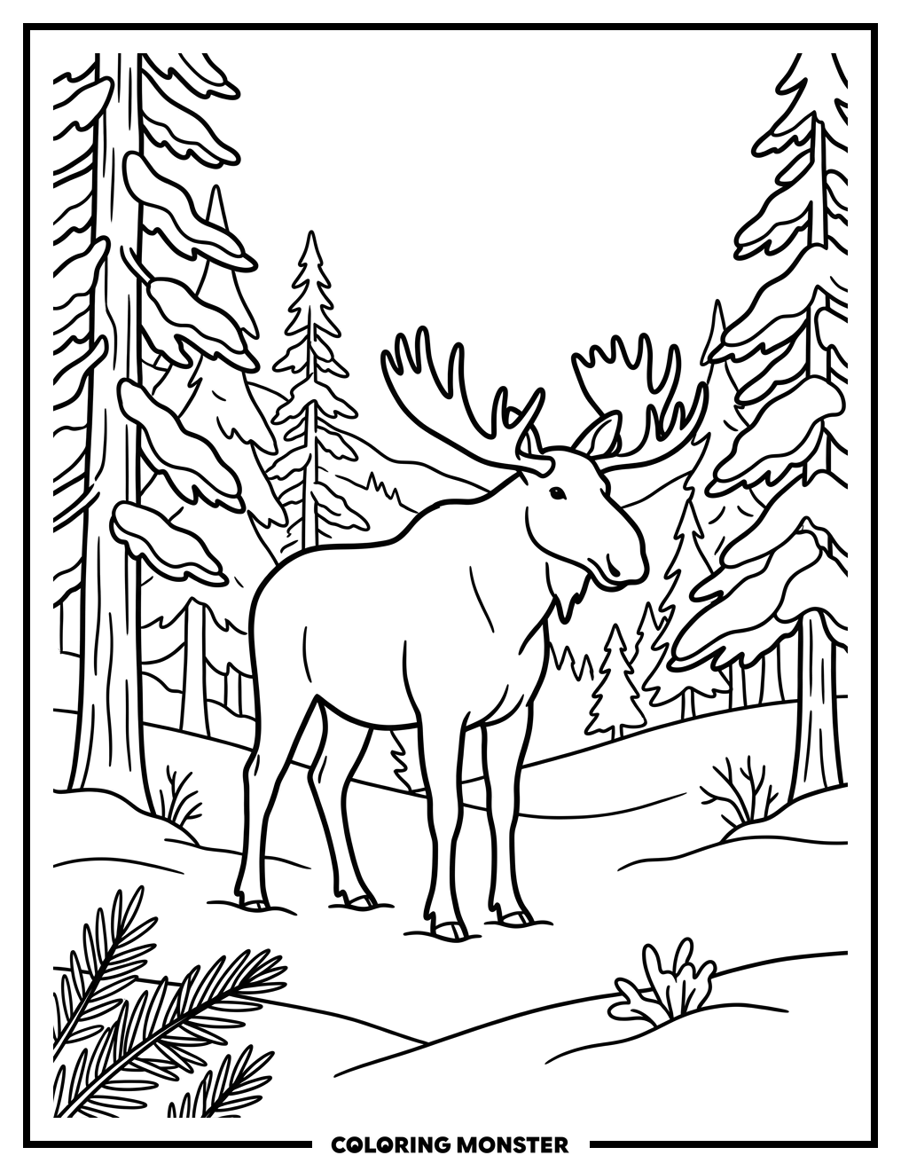 Moose in Snowy Forest Clearing Coloring Page