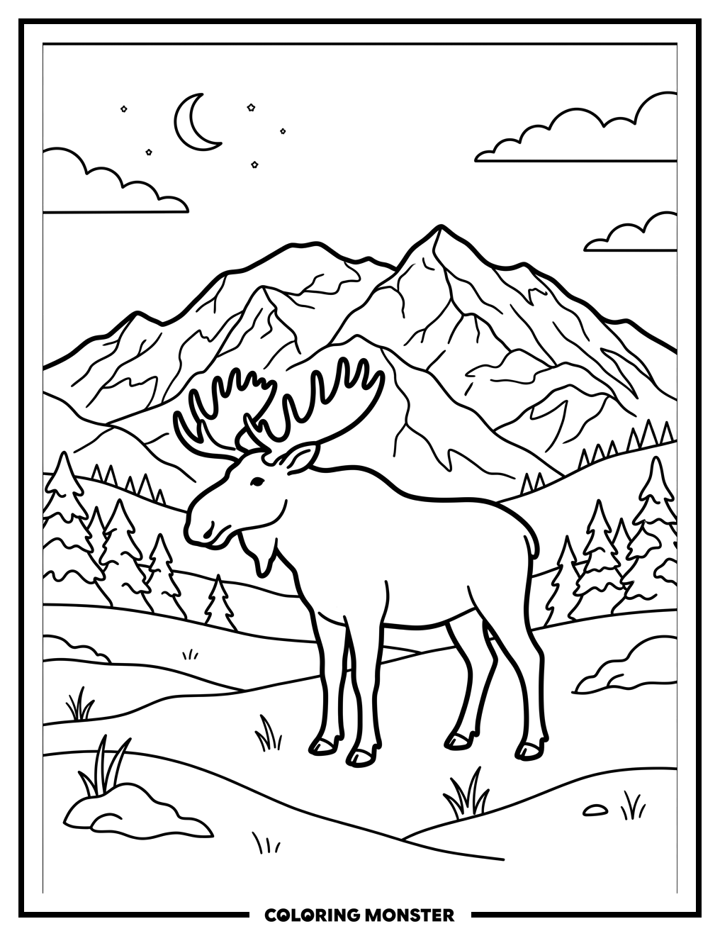 Moose in Snowy Meadow Coloring Page