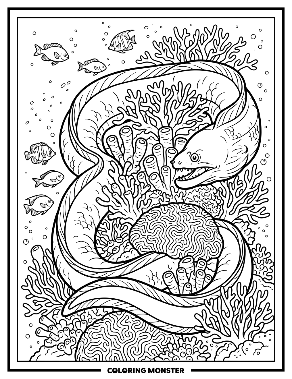 Moray Eel Amongst Coral Reef Coloring Page