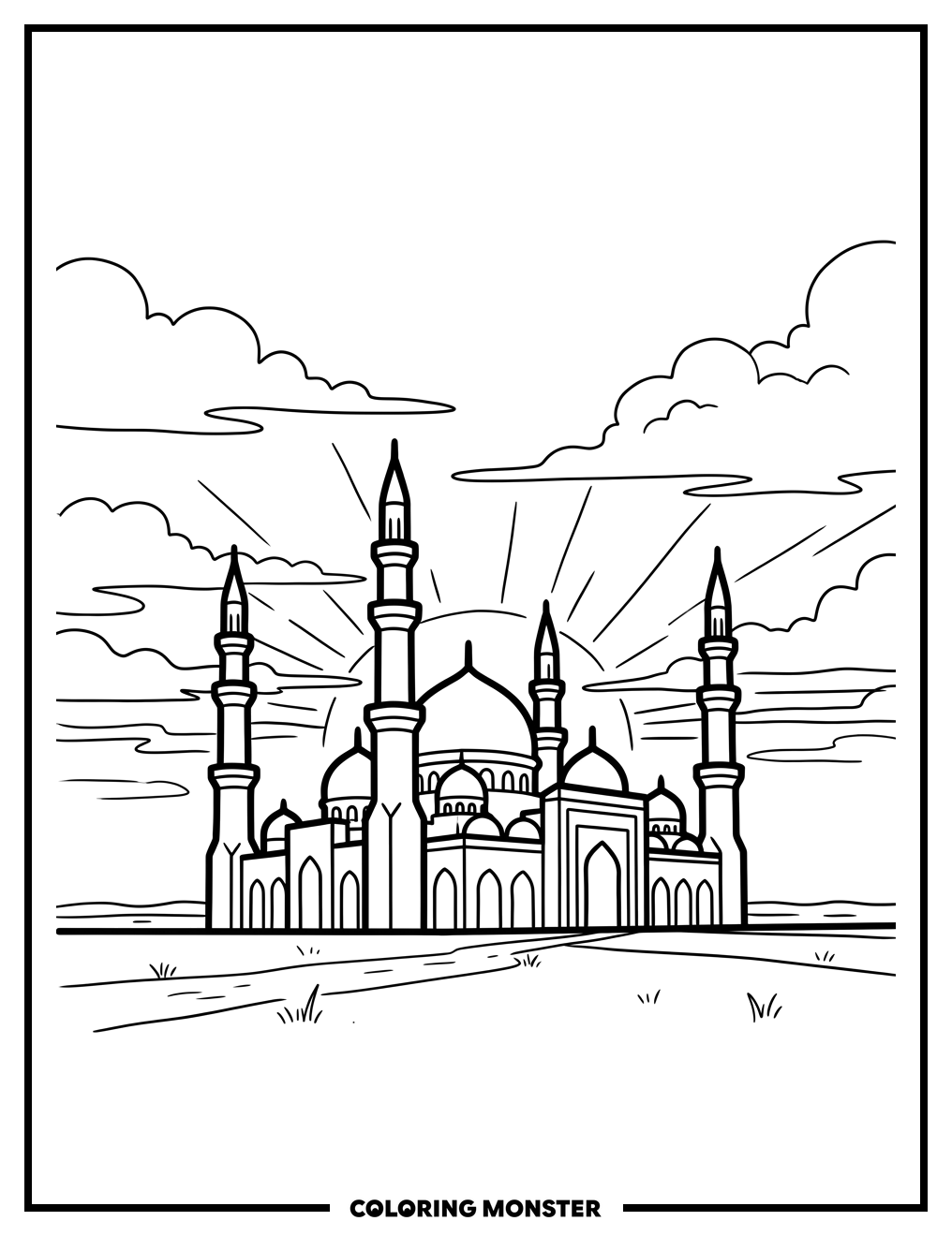 Mosque Silhouette At Sunset Coloring Page