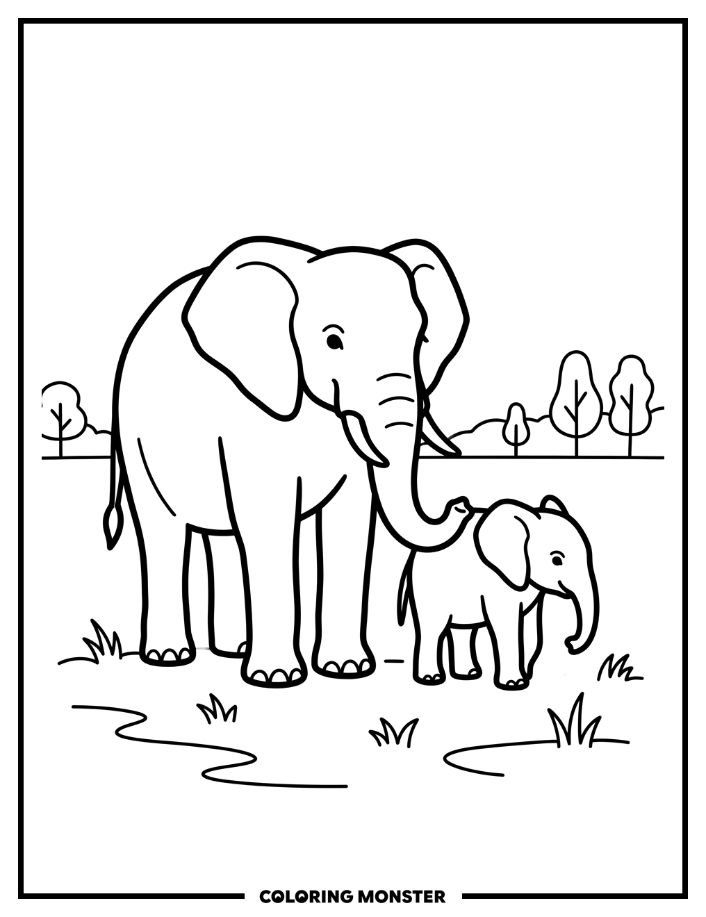 Mother and Baby Elephant Coloring Page