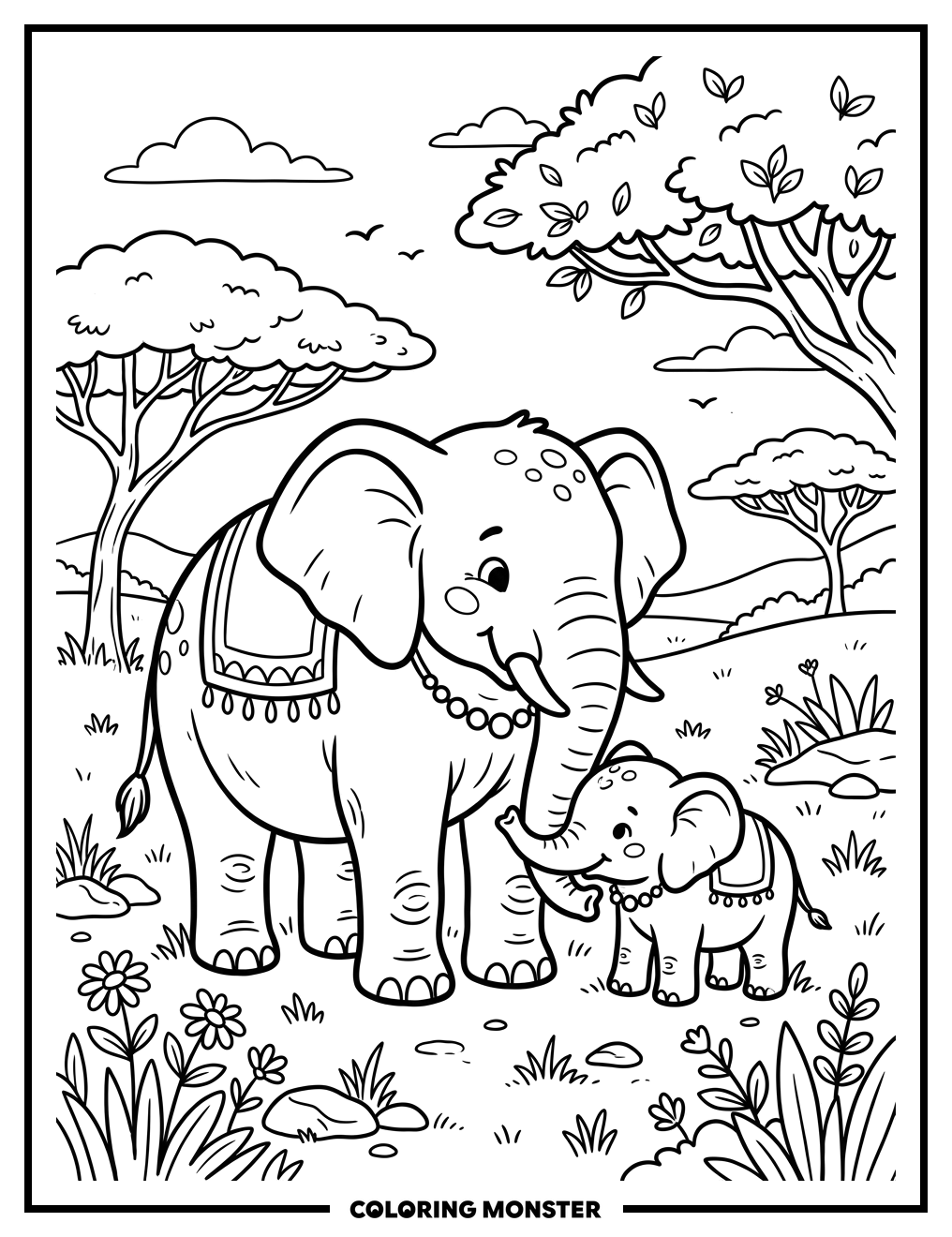 Mother and Baby Elephant in Savanna Coloring Page