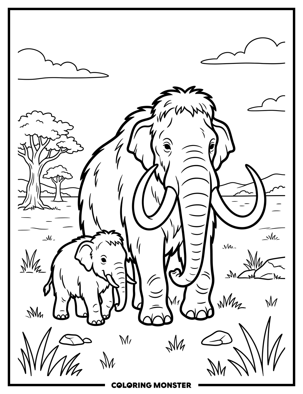 Mother and Baby Mammoth Coloring Page