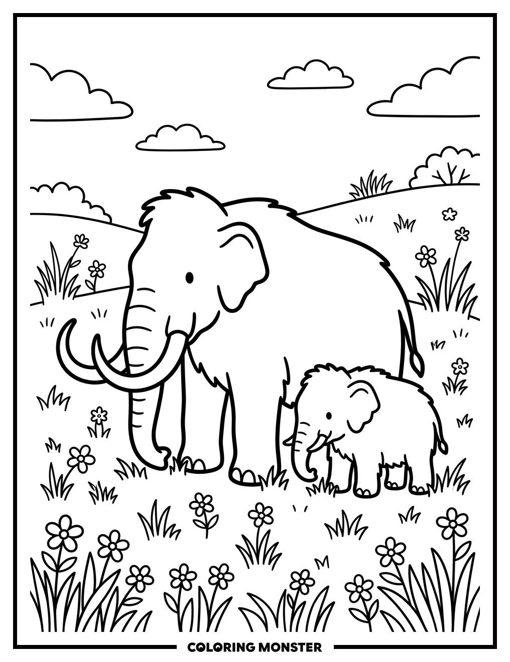 Mother and Baby Mammoth Grazing Coloring Page