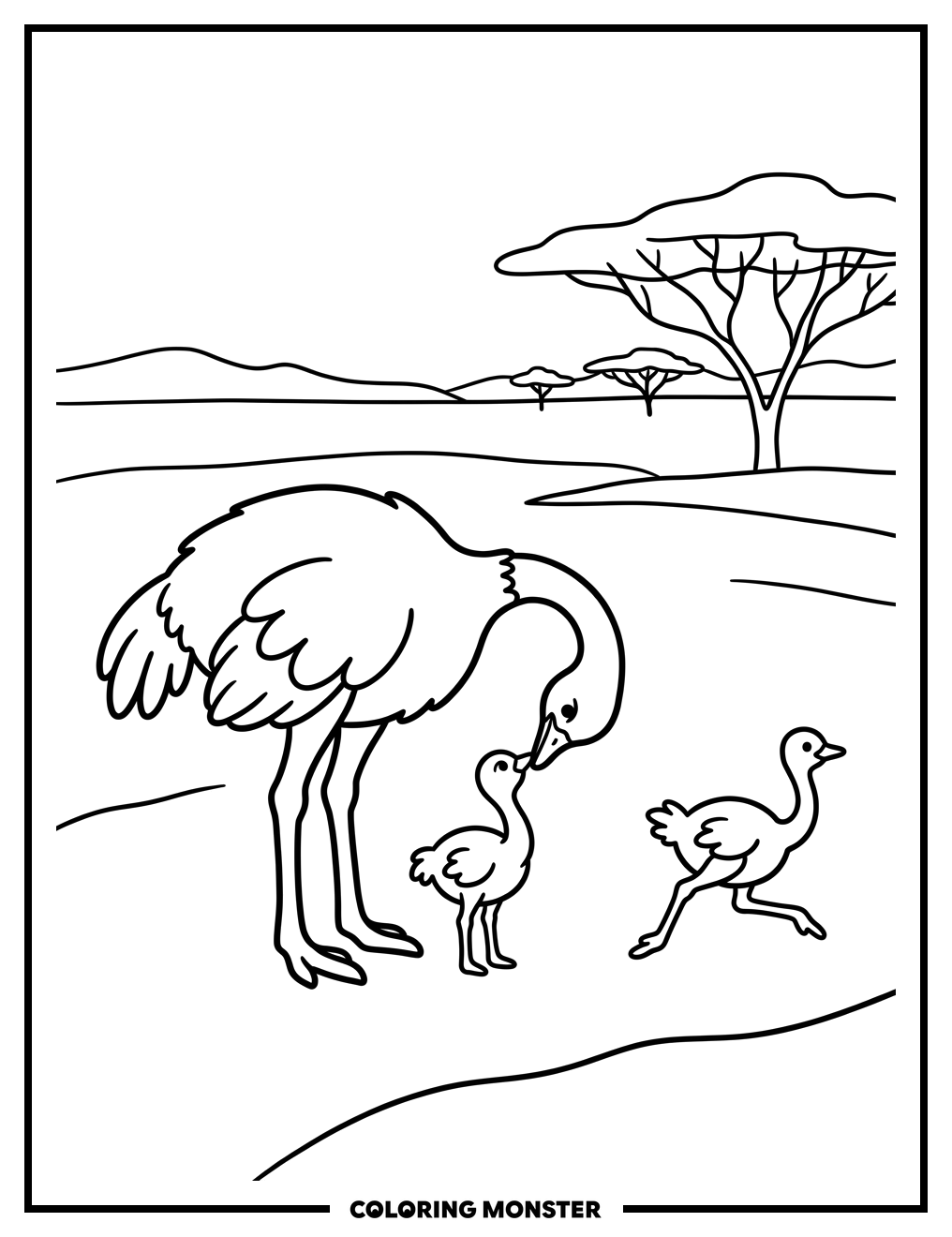 Mother and Baby Ostriches in the Savanna Coloring Page