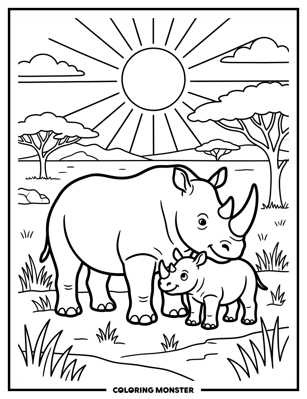 Mother and Baby Rhinoceroses Coloring Page