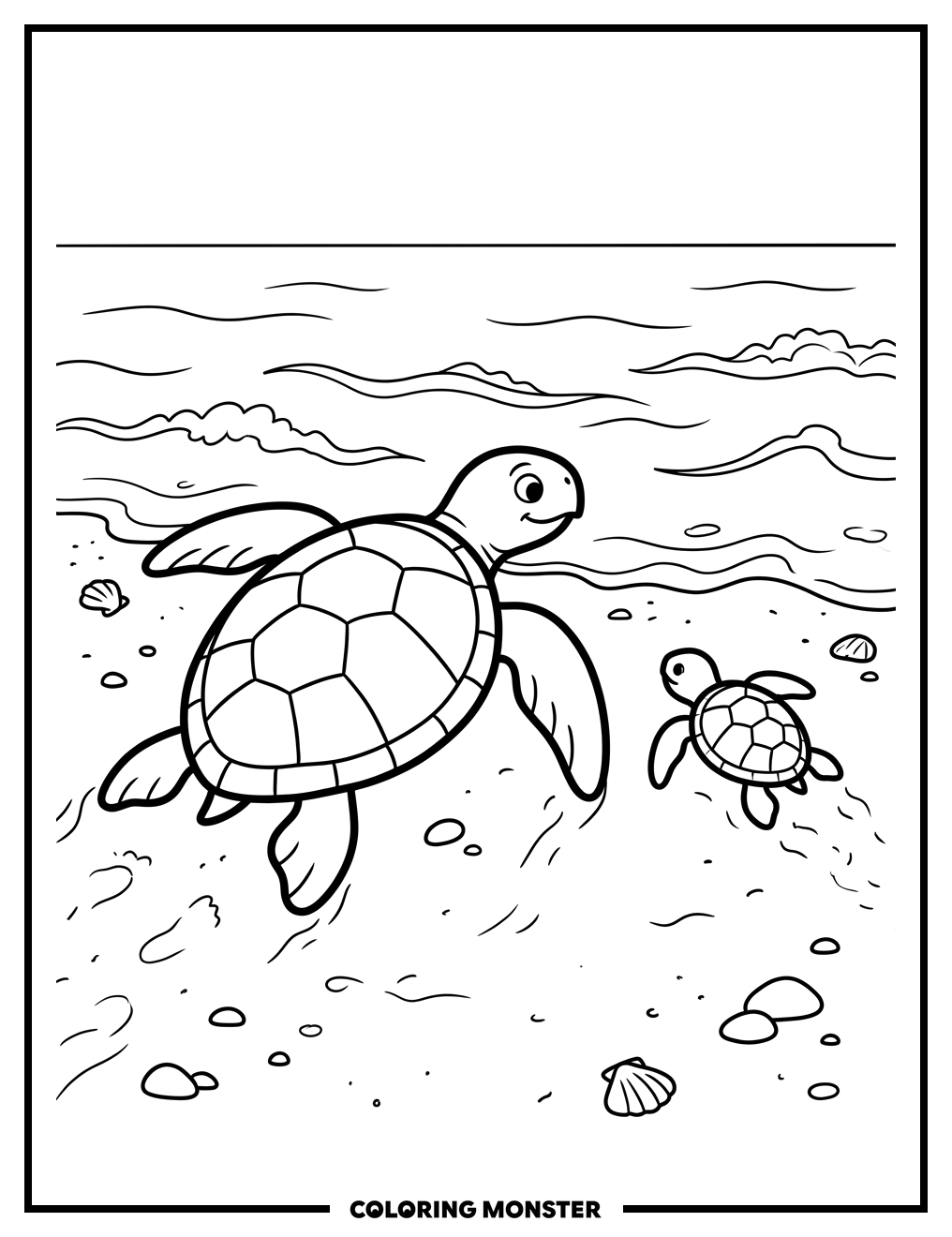 Mother and Baby Sea Turtles on Beach Coloring Page