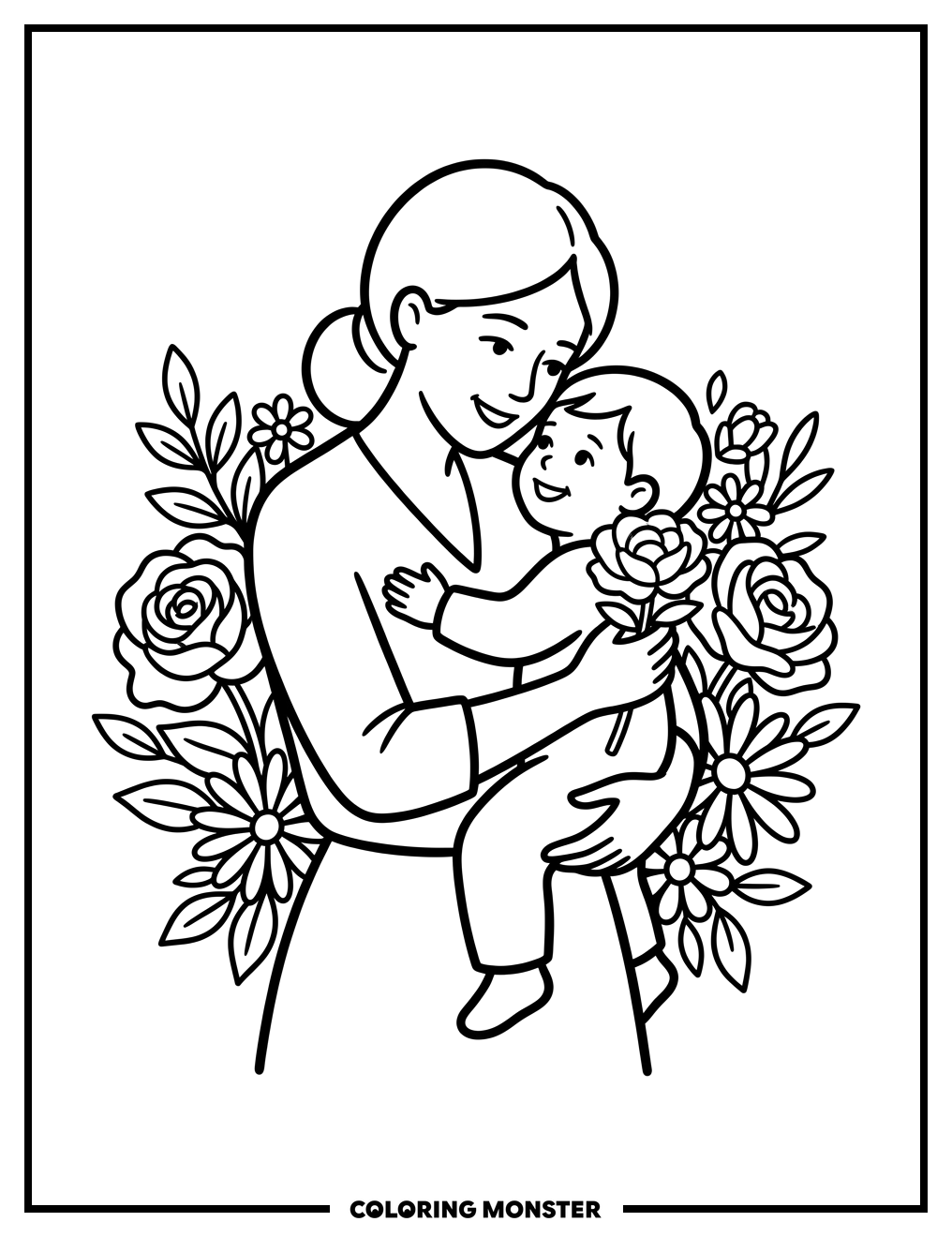 Mother And Child Among Flowers Coloring Page