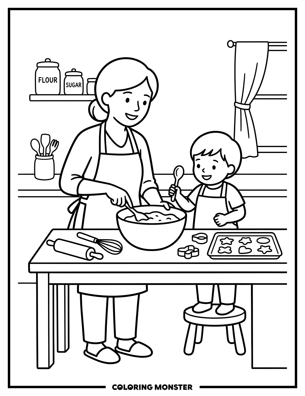 Mother and Child Baking Cookies Coloring Page