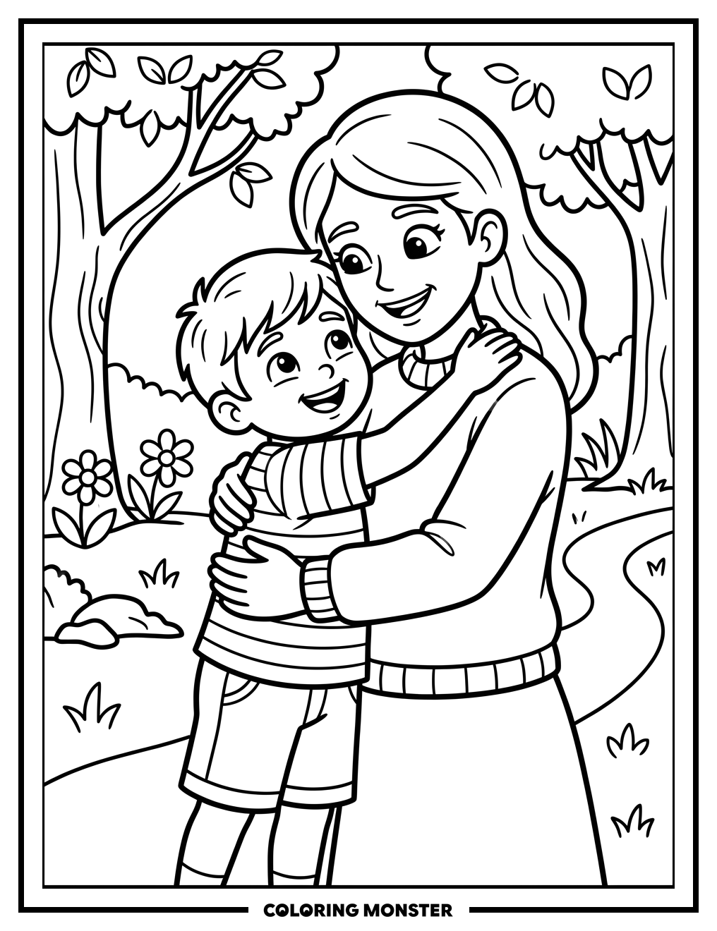 Mother and Child Hugging Coloring Page