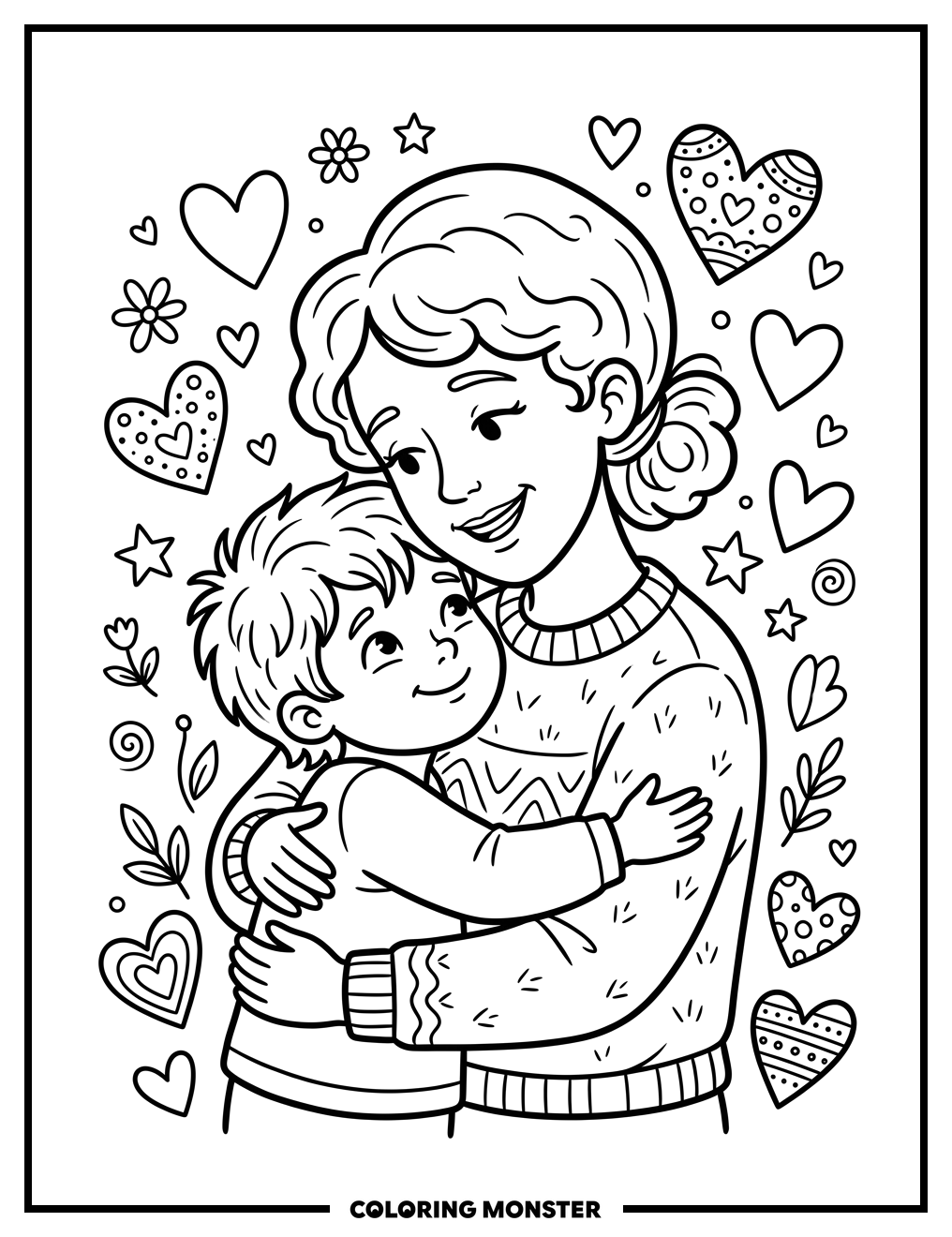 Mother and Child Hugging with Hearts Coloring Page